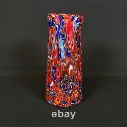 Murano Millefiori Art Glass Vase Red Orange Blue Multicolor 8 Tall