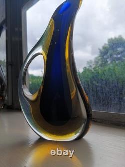 Murano Sommerso Glass Vase Blue Amber Teardrop Form Flavio Poli 6.5