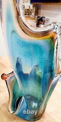 Murano Style Extreme Swung Large Art Glass Vase Planter Orange Blue Green
