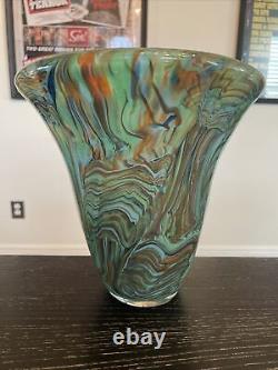 Murano (Style) Green, Orange, Blue & Brown Swirled Blown Glass Vase Pristine