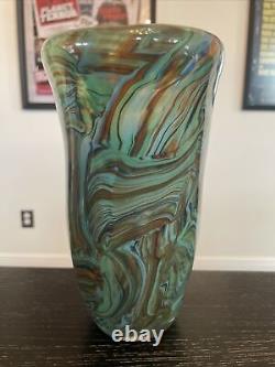 Murano (Style) Green, Orange, Blue & Brown Swirled Blown Glass Vase Pristine