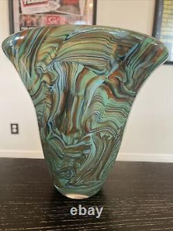 Murano (Style) Green, Orange, Blue & Brown Swirled Blown Glass Vase Pristine