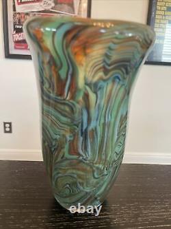 Murano (Style) Green, Orange, Blue & Brown Swirled Blown Glass Vase Pristine