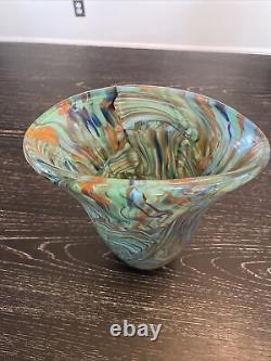 Murano (Style) Green, Orange, Blue & Brown Swirled Blown Glass Vase Pristine