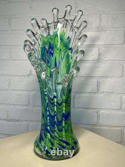 Murano Style Hand Blown Art Glass Blue Turquoise Clear Ribbon Stretch/Swung Vase