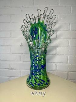 Murano Style Hand Blown Art Glass Blue Turquoise Clear Ribbon Stretch/Swung Vase