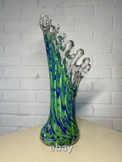 Murano Style Hand Blown Art Glass Blue Turquoise Clear Ribbon Stretch/Swung Vase