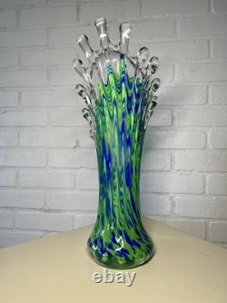 Murano Style Hand Blown Art Glass Blue Turquoise Clear Ribbon Stretch/Swung Vase