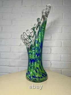 Murano Style Hand Blown Art Glass Blue Turquoise Clear Ribbon Stretch/Swung Vase