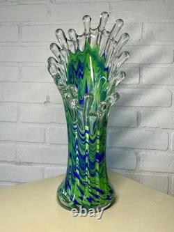 Murano Style Hand Blown Art Glass Blue Turquoise Clear Ribbon Stretch/Swung Vase