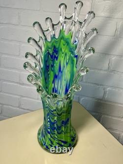 Murano Style Hand Blown Art Glass Blue Turquoise Clear Ribbon Stretch/Swung Vase