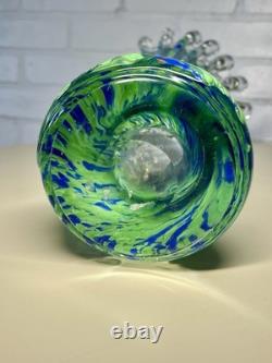 Murano Style Hand Blown Art Glass Blue Turquoise Clear Ribbon Stretch/Swung Vase