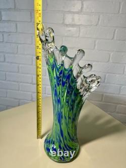 Murano Style Hand Blown Art Glass Blue Turquoise Clear Ribbon Stretch/Swung Vase