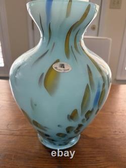 Murano Style Hand Blown Large Cased Glass Vase Italy Turquoise Spotted Copper
