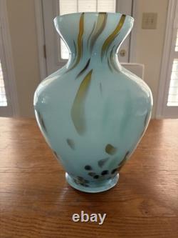 Murano Style Hand Blown Large Cased Glass Vase Italy Turquoise Spotted Copper