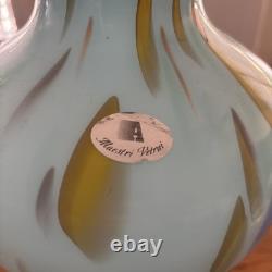 Murano Style Hand Blown Large Cased Glass Vase Italy Turquoise Spotted Copper
