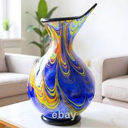 Murano Style Hand Blown Multicolored Swirl Cobalt Blue Art Glass Vase 13 Tall