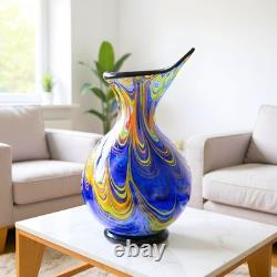 Murano Style Hand Blown Multicolored Swirl Cobalt Blue Art Glass Vase 13 Tall