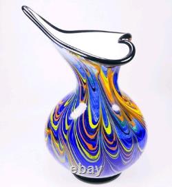 Murano Style Hand Blown Multicolored Swirl Cobalt Blue Art Glass Vase 13 Tall