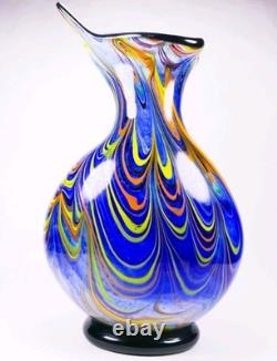 Murano Style Hand Blown Multicolored Swirl Cobalt Blue Art Glass Vase 13 Tall