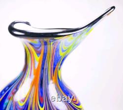 Murano Style Hand Blown Multicolored Swirl Cobalt Blue Art Glass Vase 13 Tall