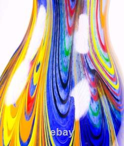 Murano Style Hand Blown Multicolored Swirl Cobalt Blue Art Glass Vase 13 Tall
