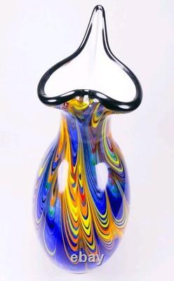 Murano Style Hand Blown Multicolored Swirl Cobalt Blue Art Glass Vase 13 Tall