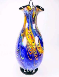 Murano Style Hand Blown Multicolored Swirl Cobalt Blue Art Glass Vase 13 Tall
