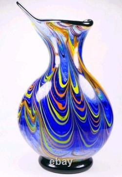 Murano Style Hand Blown Multicolored Swirl Cobalt Blue Art Glass Vase 13 Tall