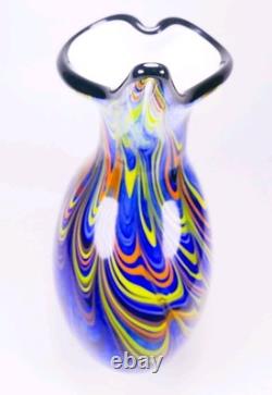 Murano Style Hand Blown Multicolored Swirl Cobalt Blue Art Glass Vase 13 Tall