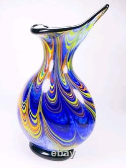 Murano Style Hand Blown Multicolored Swirl Cobalt Blue Art Glass Vase 13 Tall