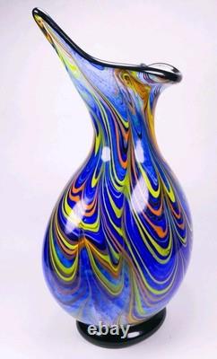 Murano Style Hand Blown Multicolored Swirl Cobalt Blue Art Glass Vase 13 Tall