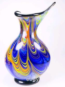 Murano Style Hand Blown Multicolored Swirl Cobalt Blue Art Glass Vase 13 Tall