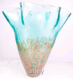 Murano Style Teal Art Glass Vase Ruffled Rim Copper Spots Handkerchief 11.5