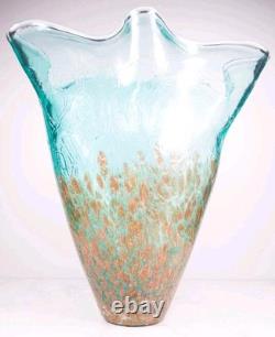 Murano Style Teal Art Glass Vase Ruffled Rim Copper Spots Handkerchief 11.5