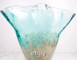 Murano Style Teal Art Glass Vase Ruffled Rim Copper Spots Handkerchief 11.5
