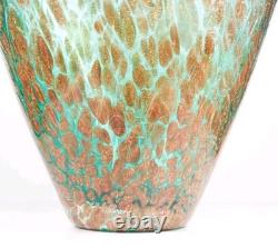 Murano Style Teal Art Glass Vase Ruffled Rim Copper Spots Handkerchief 11.5