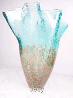 Murano Style Teal Art Glass Vase Ruffled Rim Copper Spots Handkerchief 11.5