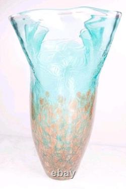 Murano Style Teal Art Glass Vase Ruffled Rim Copper Spots Handkerchief 11.5