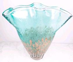 Murano Style Teal Art Glass Vase Ruffled Rim Copper Spots Handkerchief 11.5