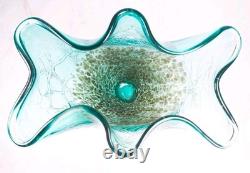 Murano Style Teal Art Glass Vase Ruffled Rim Copper Spots Handkerchief 11.5