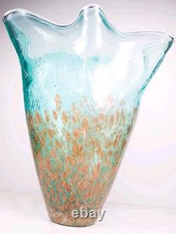 Murano Style Teal Art Glass Vase Ruffled Rim Copper Spots Handkerchief 11.5