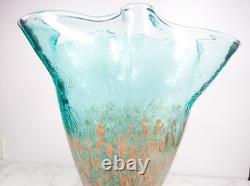 Murano Style Teal Art Glass Vase Ruffled Rim Copper Spots Handkerchief 11.5