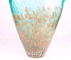 Murano Style Teal Art Glass Vase Ruffled Rim Copper Spots Handkerchief 11.5