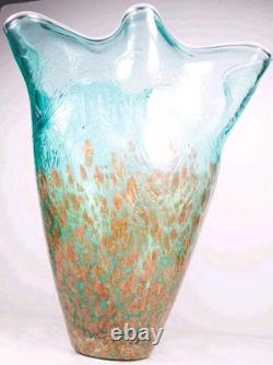 Murano Style Teal Art Glass Vase Ruffled Rim Copper Spots Handkerchief 11.5