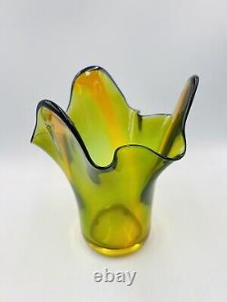 Murano Style Vase Hankerchief Ruffled Green Yellow Orange Blue Signed