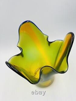 Murano Style Vase Hankerchief Ruffled Green Yellow Orange Blue Signed