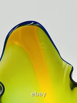 Murano Style Vase Hankerchief Ruffled Green Yellow Orange Blue Signed