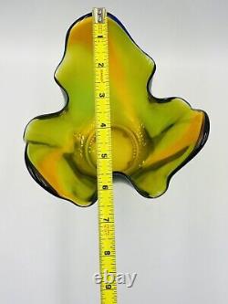 Murano Style Vase Hankerchief Ruffled Green Yellow Orange Blue Signed