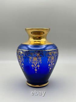 Murano Vecchia Italian Hand-Blown Cobalt Glass Vase VR 24K Gold Gilt